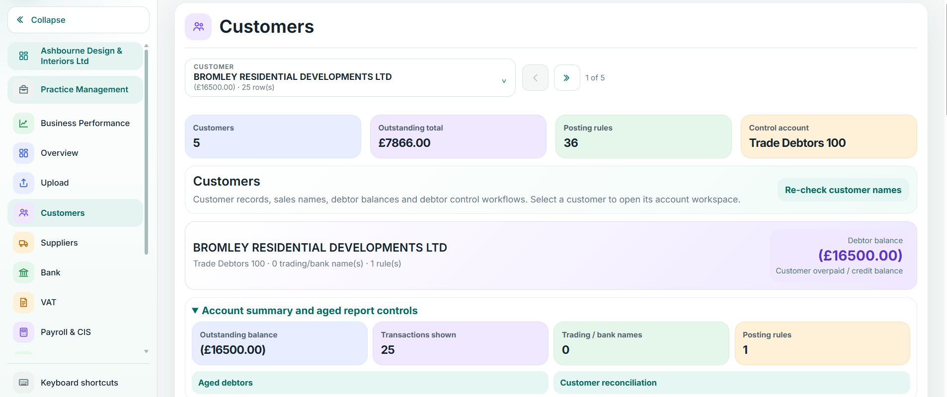 Balansix customer ledger and account summary