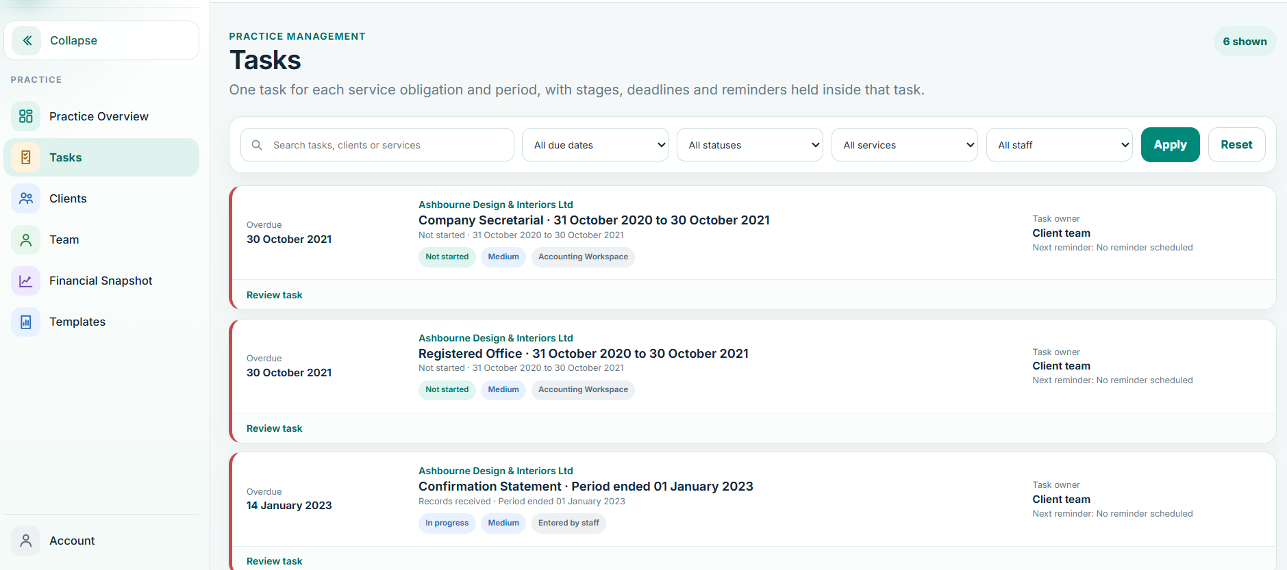 Balansix tasks screen showing statutory and recurring tasks